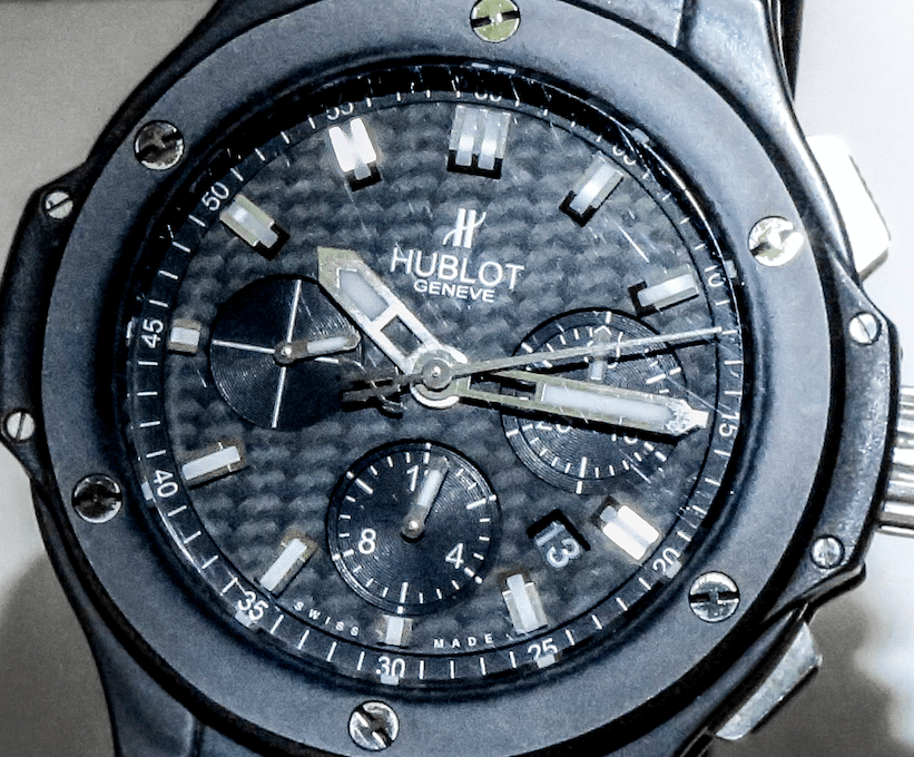 close up of a Hublot watch dial