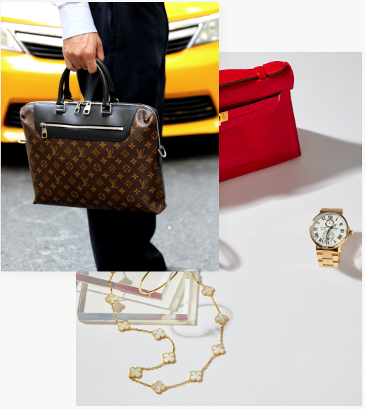 Man holding nice bag and various jewelry, watches